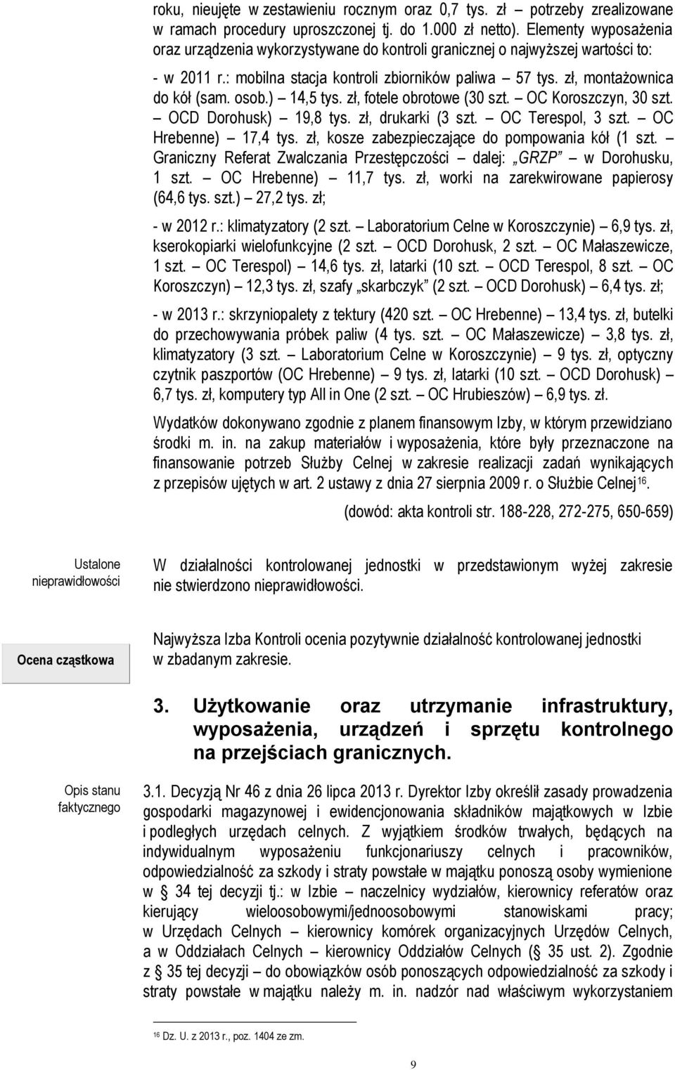 ) 14,5 tys. zł, fotele obrotowe (30 szt. OC Koroszczyn, 30 szt. OCD Dorohusk) 19,8 tys. zł, drukarki (3 szt. OC Terespol, 3 szt. OC Hrebenne) 17,4 tys.