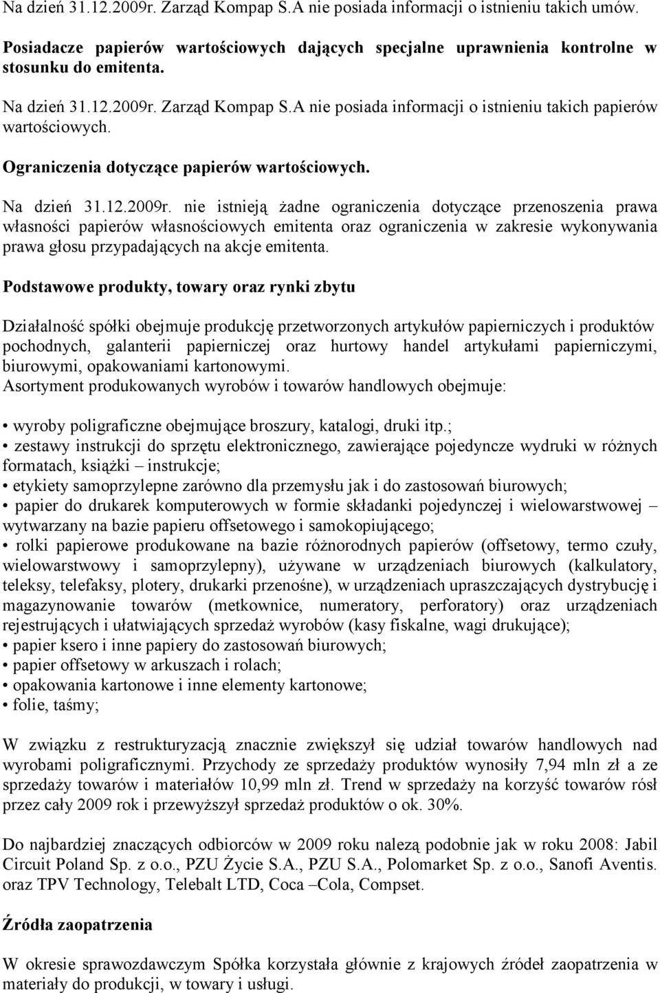 Podstawowe produkty, towary oraz rynki zbytu Działalność spółki obejmuje produkcję przetworzonych artykułów papierniczych i produktów pochodnych, galanterii papierniczej oraz hurtowy handel