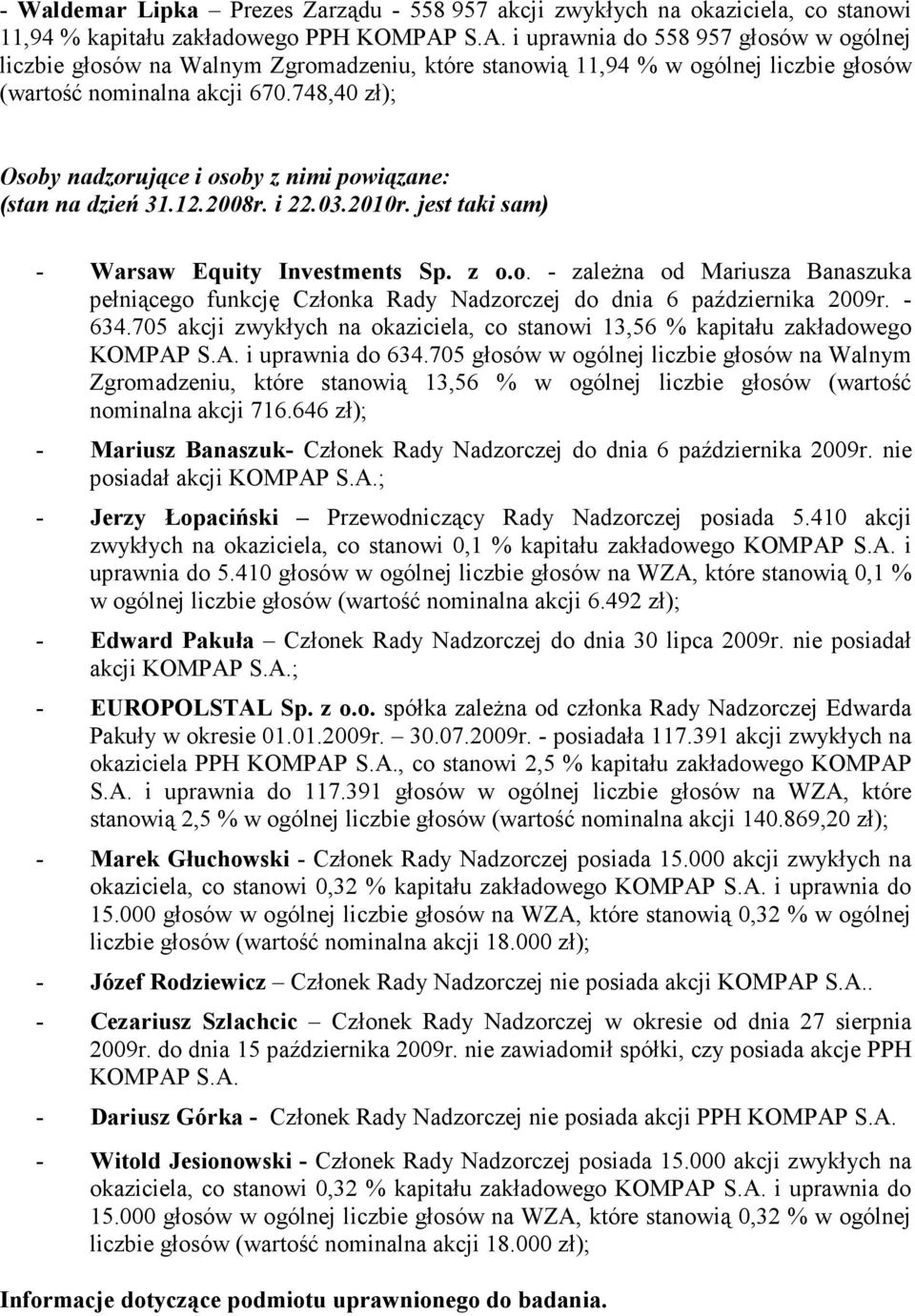 748,40 zł); Osoby nadzorujące i osoby z nimi powiązane: (stan na dzień 31.12.2008r. i 22.03.2010r. jest taki sam) - Warsaw Equity Investments Sp. z o.o. - zaleŝna od Mariusza Banaszuka pełniącego funkcję Członka Rady Nadzorczej do dnia 6 października 2009r.