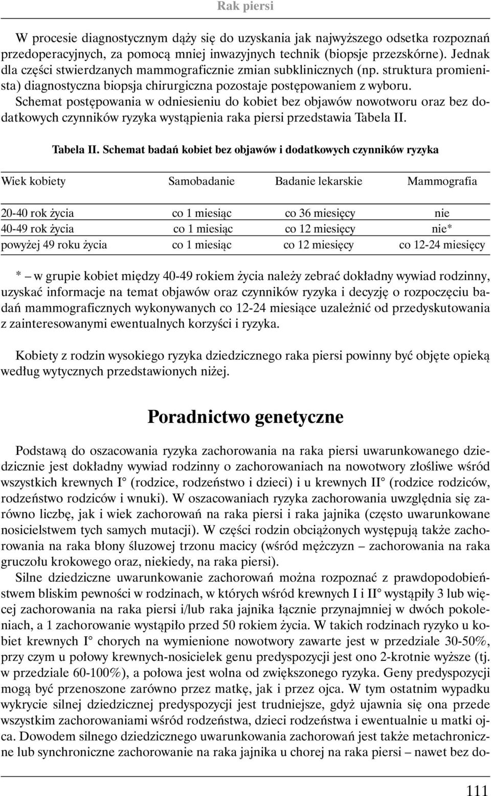 Schemat post powania w odniesieniu do kobiet bez objawów nowotworu oraz bez dodatkowych czynników ryzyka wystàpienia raka piersi przedstawia Tabela II.