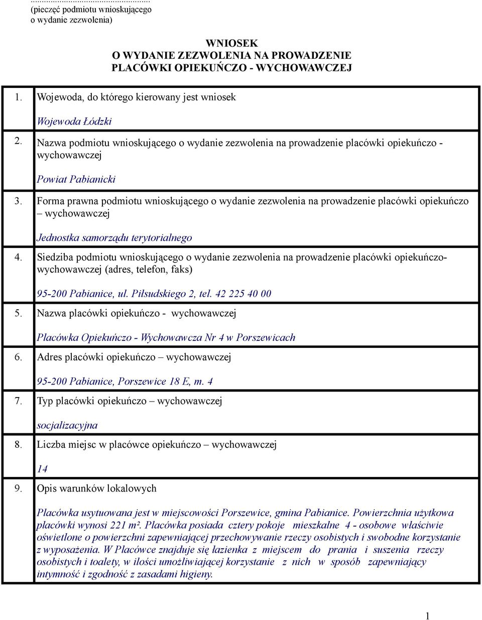 Forma prawna podmiotu wnioskującego o wydanie zezwolenia na prowadzenie placówki opiekuńczo wychowawczej Jednostka samorządu terytorialnego 4.