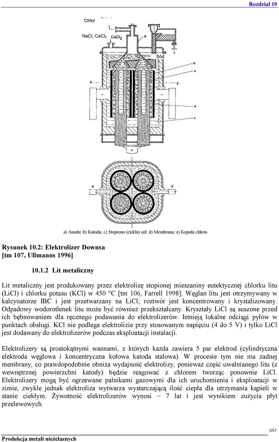 7, Ullmanns 1996] 10.1.2 Lit metaliczny Lit metaliczny jest produkowany przez elektrolizę stopionej mieszaniny eutektycznej chlorku litu (LiCl) i chlorku potasu (KCl) w 450 C [tm 106, Farrell 1998].