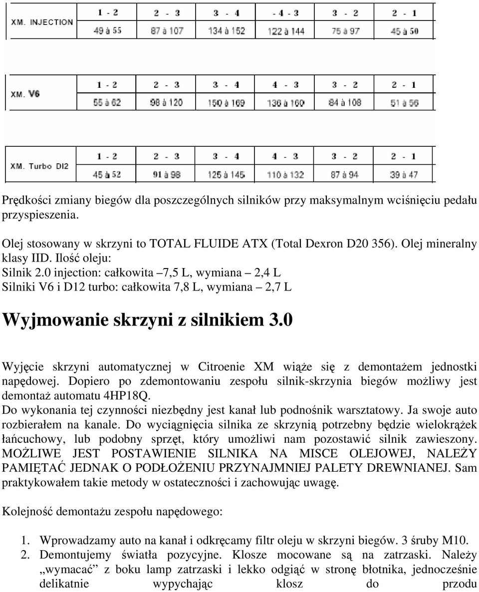 0 Wyjęcie skrzyni automatycznej w Citroenie XM wiąŝe się z demontaŝem jednostki napędowej. Dopiero po zdemontowaniu zespołu silnik-skrzynia biegów moŝliwy jest demontaŝ automatu 4HP18Q.