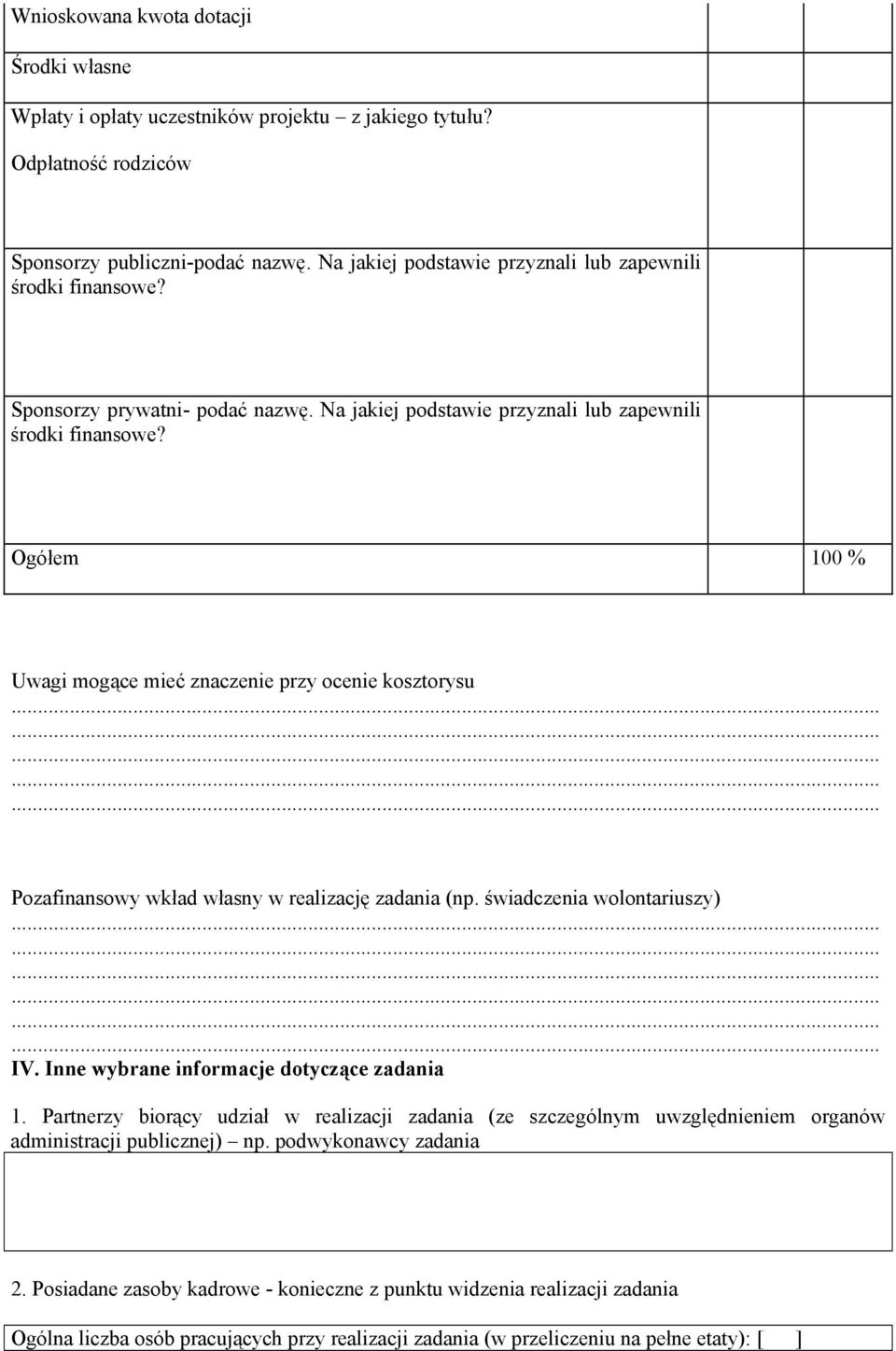 Ogółem 100 % Uwagi mogące mieć znaczenie przy ocenie kosztorysu Pozafinansowy wkład własny w realizację zadania (np. świadczenia wolontariuszy) IV. Inne wybrane informacje dotyczące zadania 1.