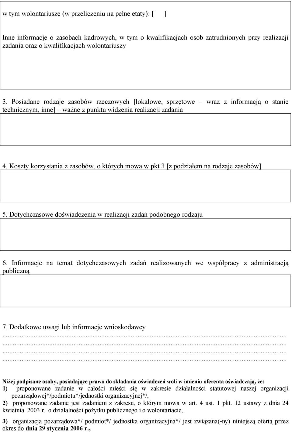 Koszty korzystania z zasobów, o których mowa w pkt 3 [z podziałem na rodzaje zasobów] 5. Dotychczasowe doświadczenia w realizacji zadań podobnego rodzaju 6.