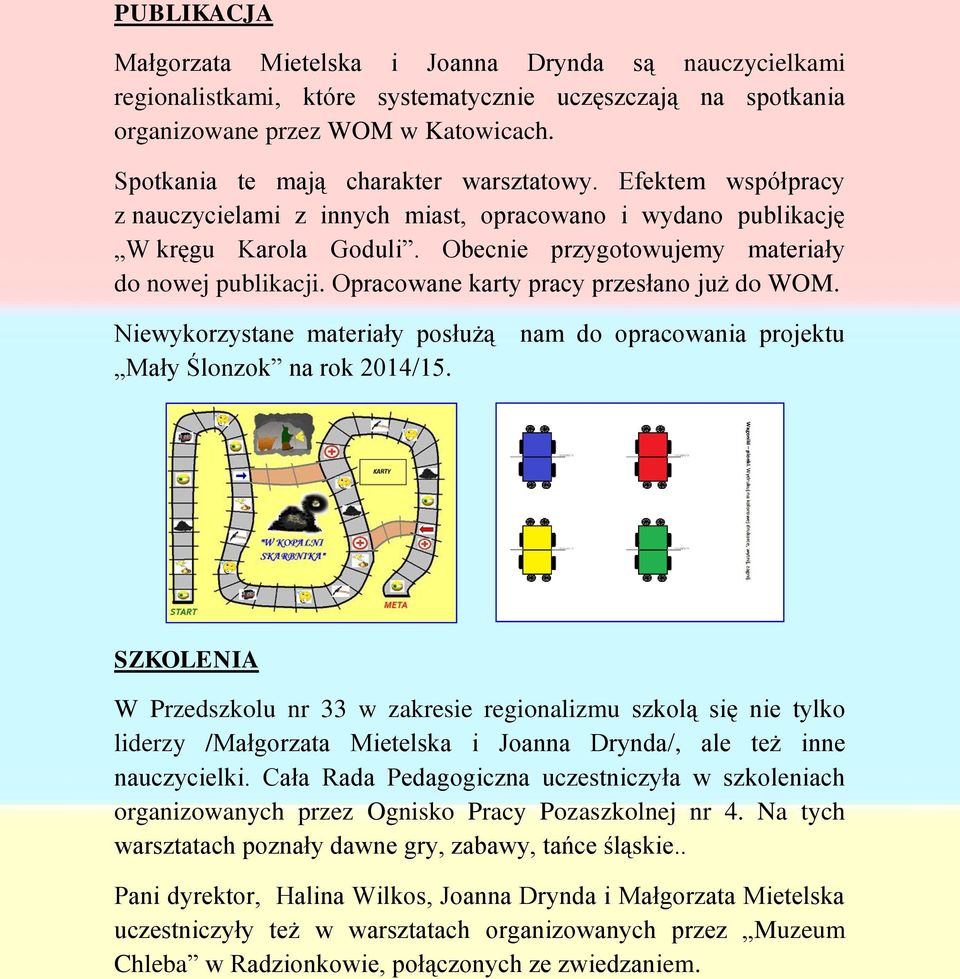 Opracowane karty pracy przesłano już do WOM. Niewykorzystane materiały posłużą nam do opracowania projektu Mały Ślonzok na rok 2014/15.