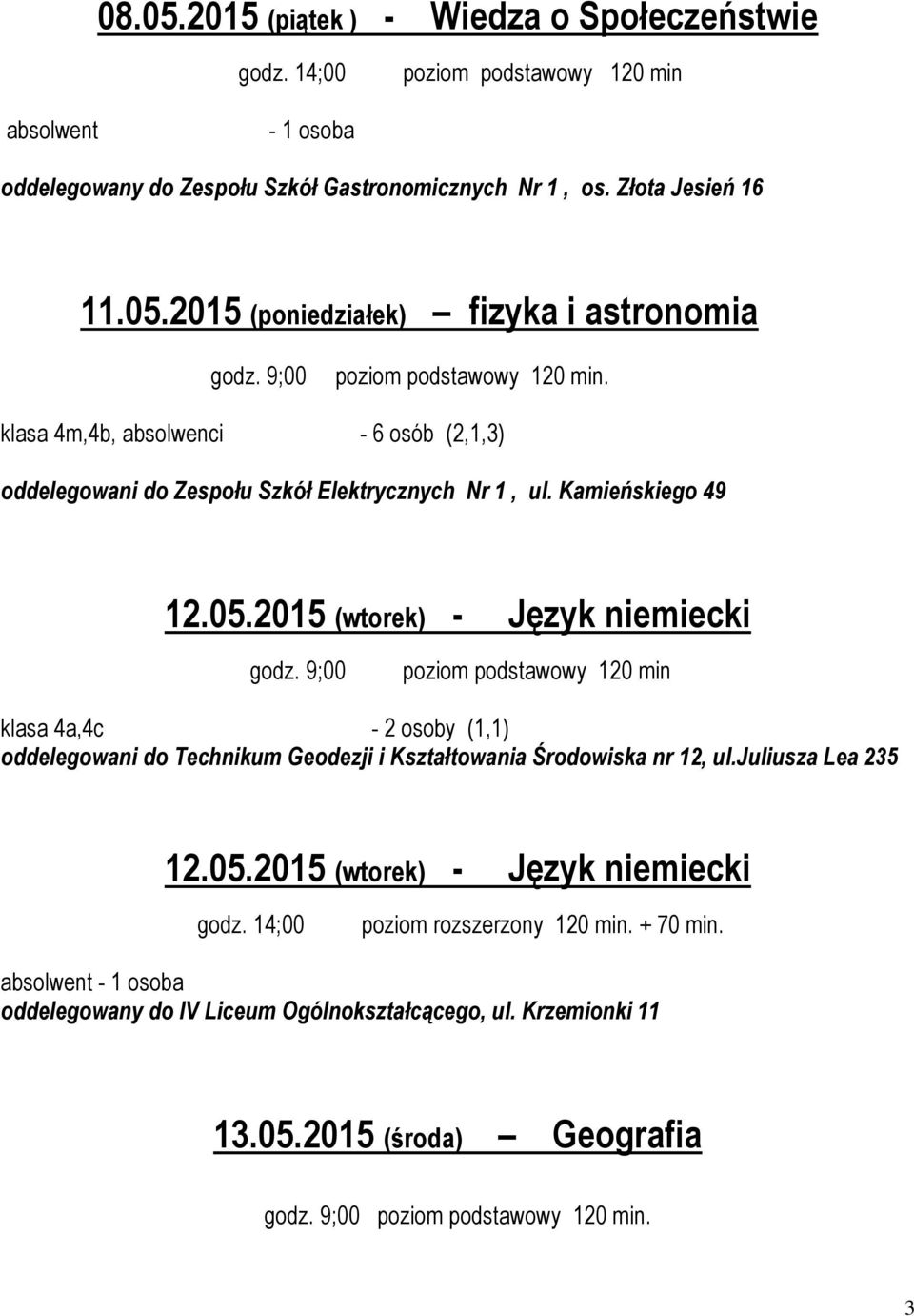 2015 (wtorek) - Język niemiecki klasa 4a,4c - 2 osoby (1,1) oddelegowani do Technikum Geodezji i Kształtowania Środowiska nr 12, ul.juliusza Lea 235 12.05.