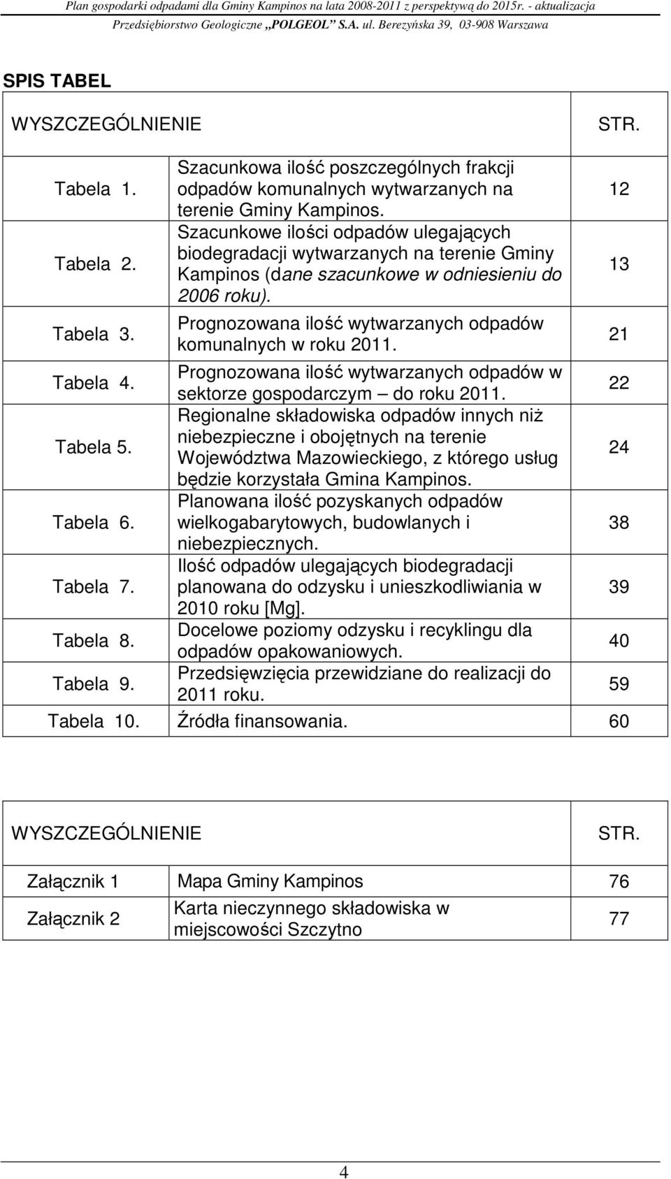 Prognozowana ilość wytwarzanych odpadów komunalnych w roku 2011. Tabela 4. Prognozowana ilość wytwarzanych odpadów w sektorze gospodarczym do roku 2011. 22 Tabela 5.