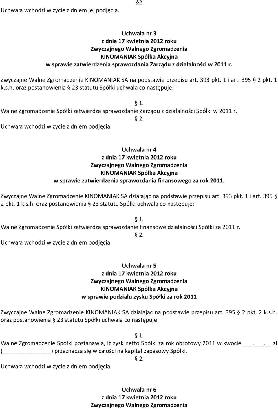 Uchwała nr 4 w sprawie zatwierdzenia sprawozdania finansowego za rok 2011. 2 pkt. 1 k.s.h. oraz postanowienia 23 statutu Spółki uchwala co następuje: Walne Zgromadzenie Spółki zatwierdza sprawozdanie finansowe działalności Spółki za 2011 r.