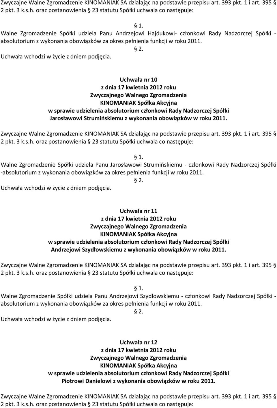 Walne Zgromadzenie Spółki udziela Panu Jarosławowi Strumińskiemu - członkowi Rady Nadzorczej Spółki - Uchwała nr 11 w sprawie udzielenia absolutorium członkowi Rady Nadzorczej