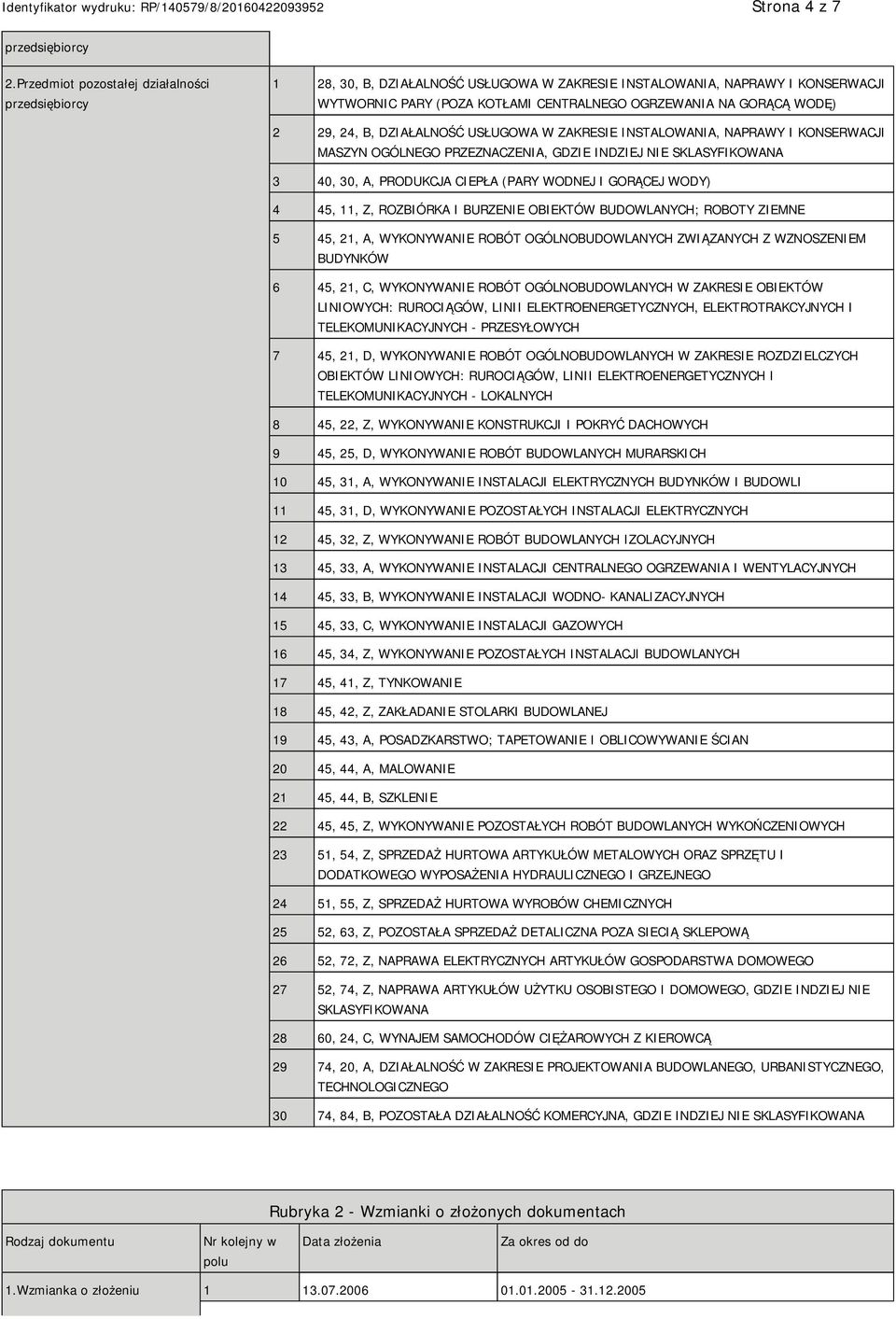 29, 24, B, DZIAŁALNOŚĆ USŁUGOWA W ZAKRESIE INSTALOWANIA, NAPRAWY I KONSERWACJI MASZYN OGÓLNEGO PRZEZNACZENIA, GDZIE INDZIEJ NIE SKLASYFIKOWANA 3 40, 30, A, PRODUKCJA CIEPŁA (PARY WODNEJ I GORĄCEJ