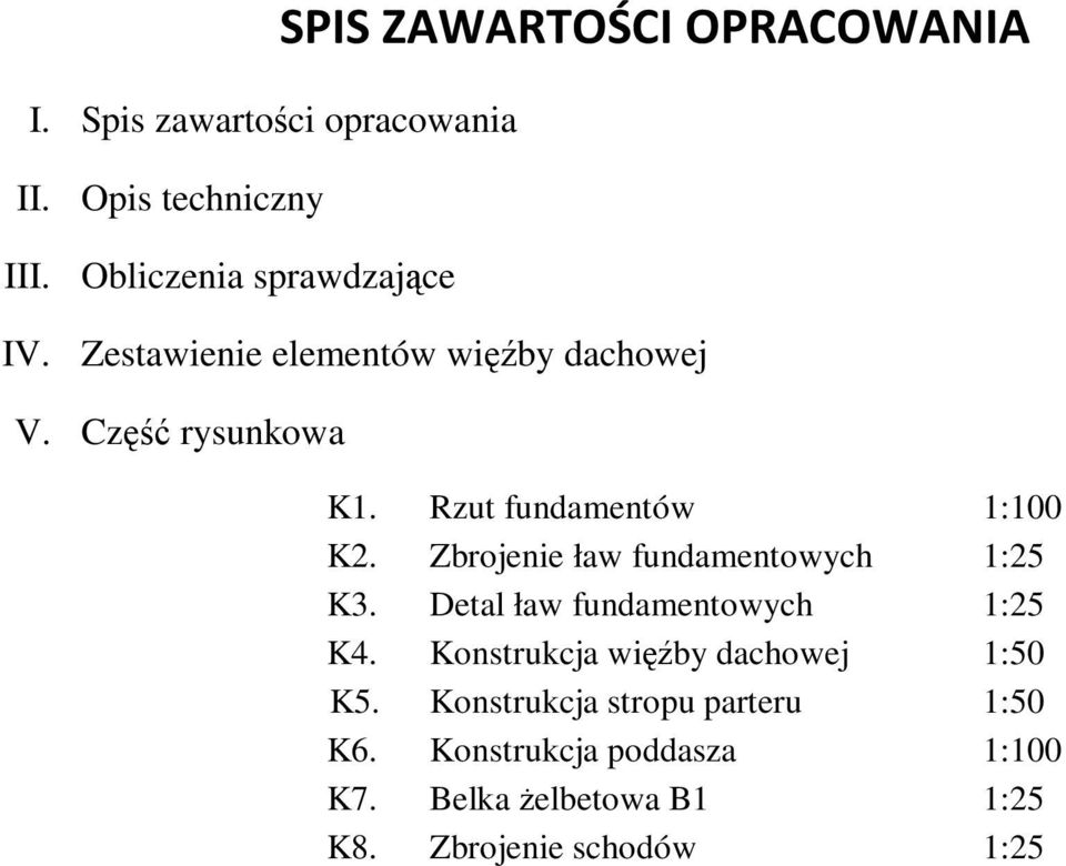 Część rysunkowa K1. Rzut fundamentów 1:100 K2. Zbrojenie ław fundamentowych 1:25 K3.