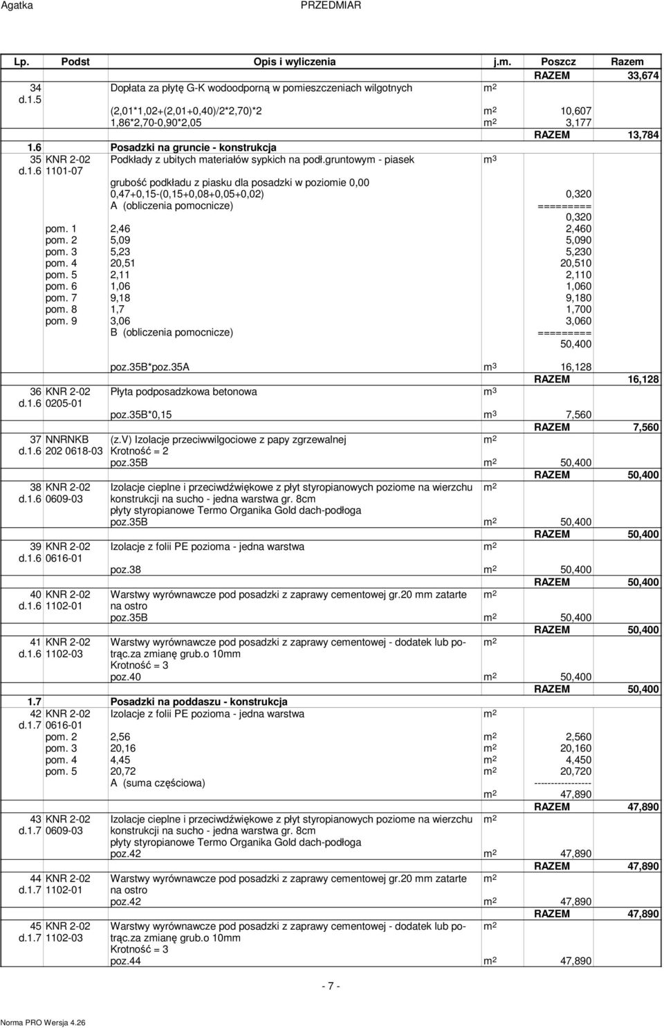 gruntowym - piasek m 3 1101-07 35 d.1.6 grubość podkładu z piasku dla posadzki w poziomie 0,00 0,47+0,15-(0,15+0,08+0,05+0,02) 0,320 A (obliczenia pomocnicze) ========= 0,320 pom. 1 2,46 2,460 pom.