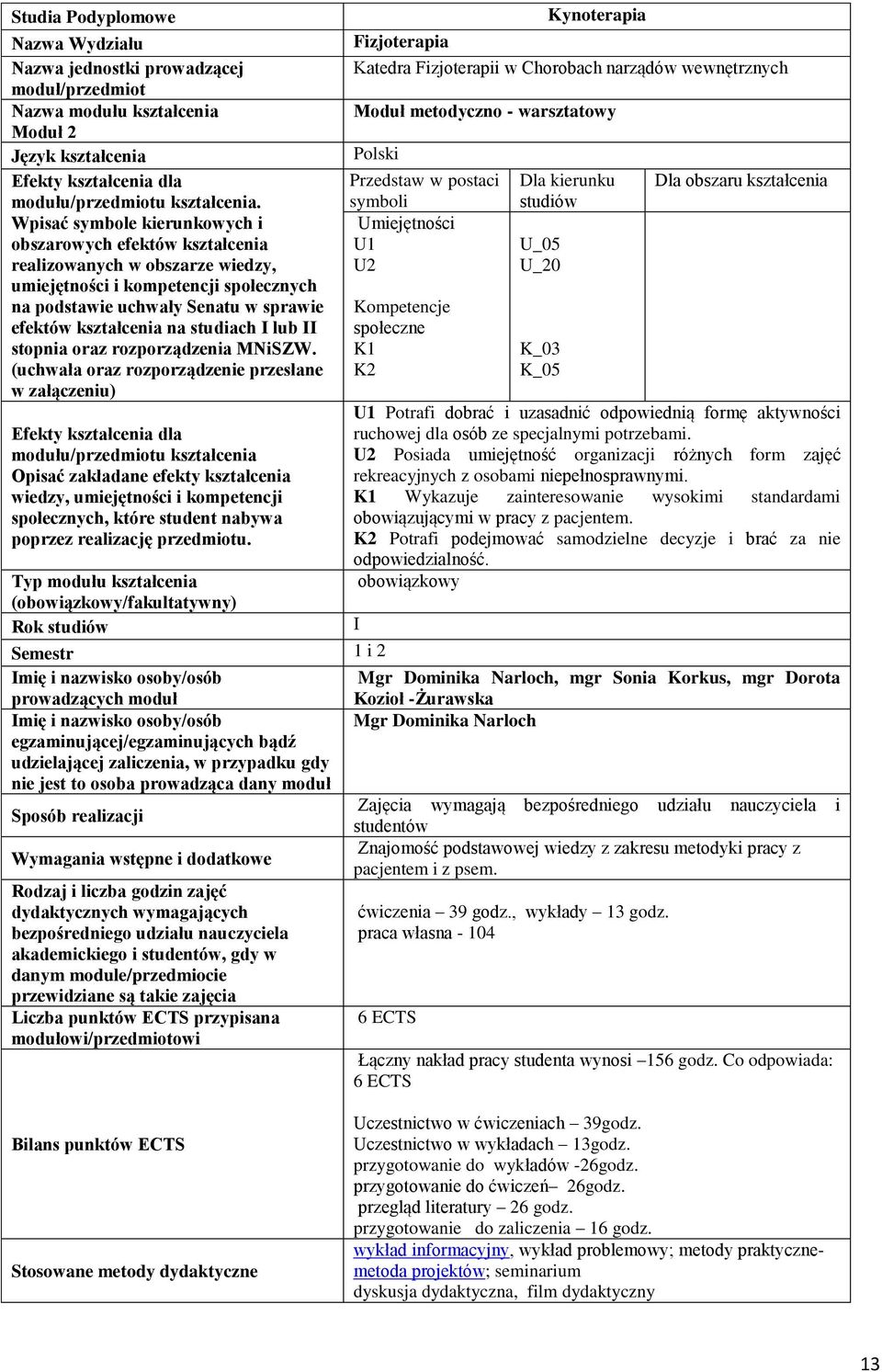 Wpisać symbole kierunkowych i obszarowych efektów kształcenia realizowanych w obszarze wiedzy, umiejętności i kompetencji społecznych na podstawie uchwały Senatu w sprawie efektów kształcenia na