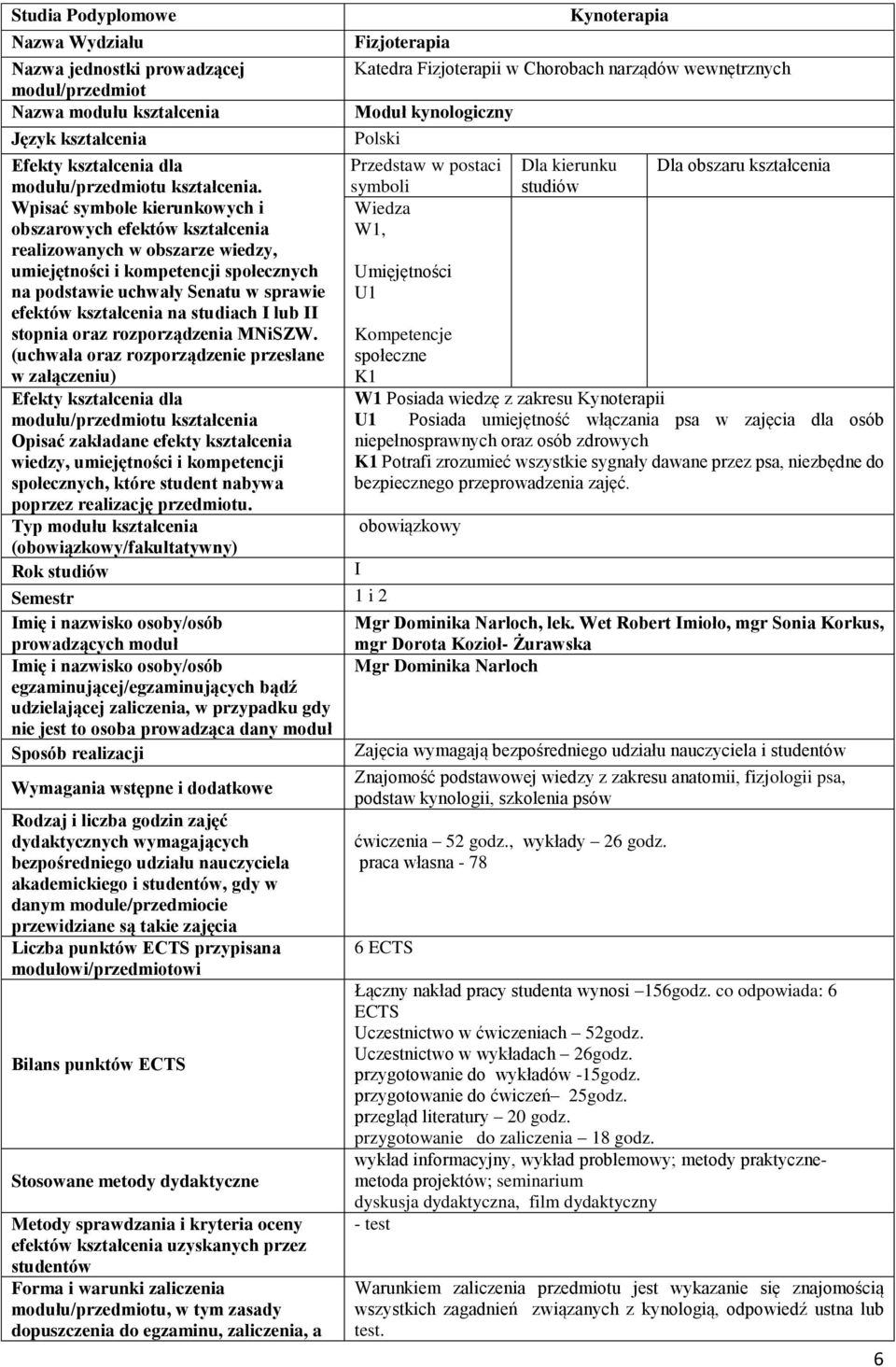 Wpisać symbole kierunkowych i obszarowych efektów kształcenia realizowanych w obszarze wiedzy, umiejętności i kompetencji społecznych na podstawie uchwały Senatu w sprawie efektów kształcenia na