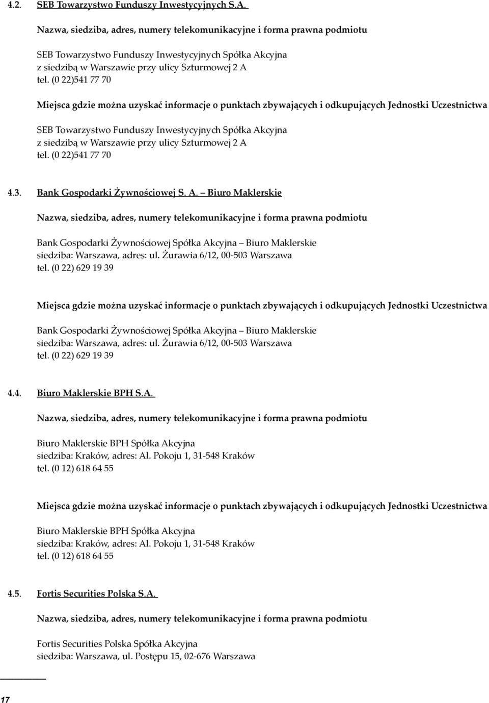 Żurawia 6/12, 00-503 Warszawa tel. (0 22) 629 19 39 Bank Gospodarki Żywnościowej Spółka Akcyjna Biuro Maklerskie siedziba: Warszawa, adres: ul. Żurawia 6/12, 00-503 Warszawa tel. (0 22) 629 19 39 4.