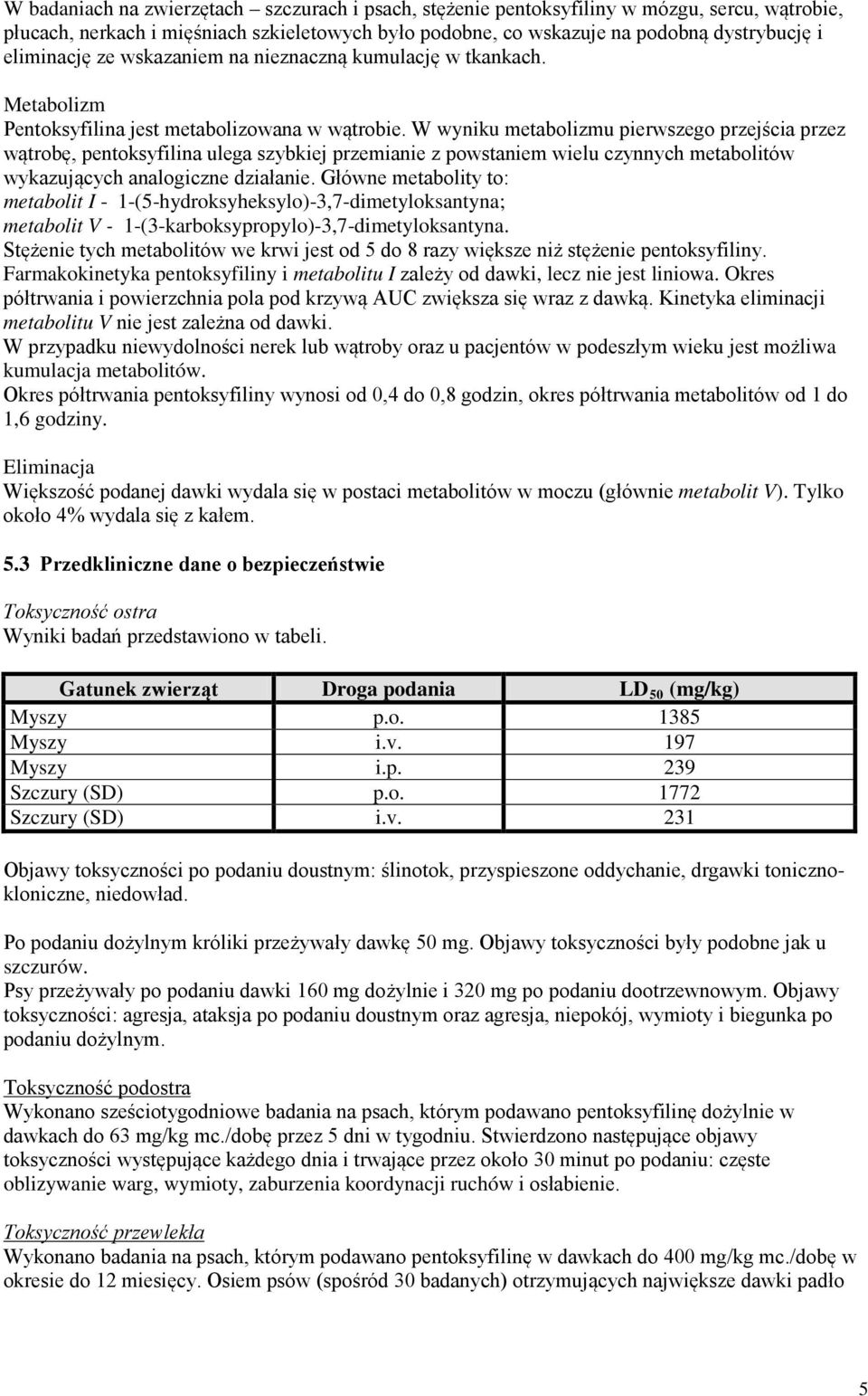 W wyniku metabolizmu pierwszego przejścia przez wątrobę, pentoksyfilina ulega szybkiej przemianie z powstaniem wielu czynnych metabolitów wykazujących analogiczne działanie.