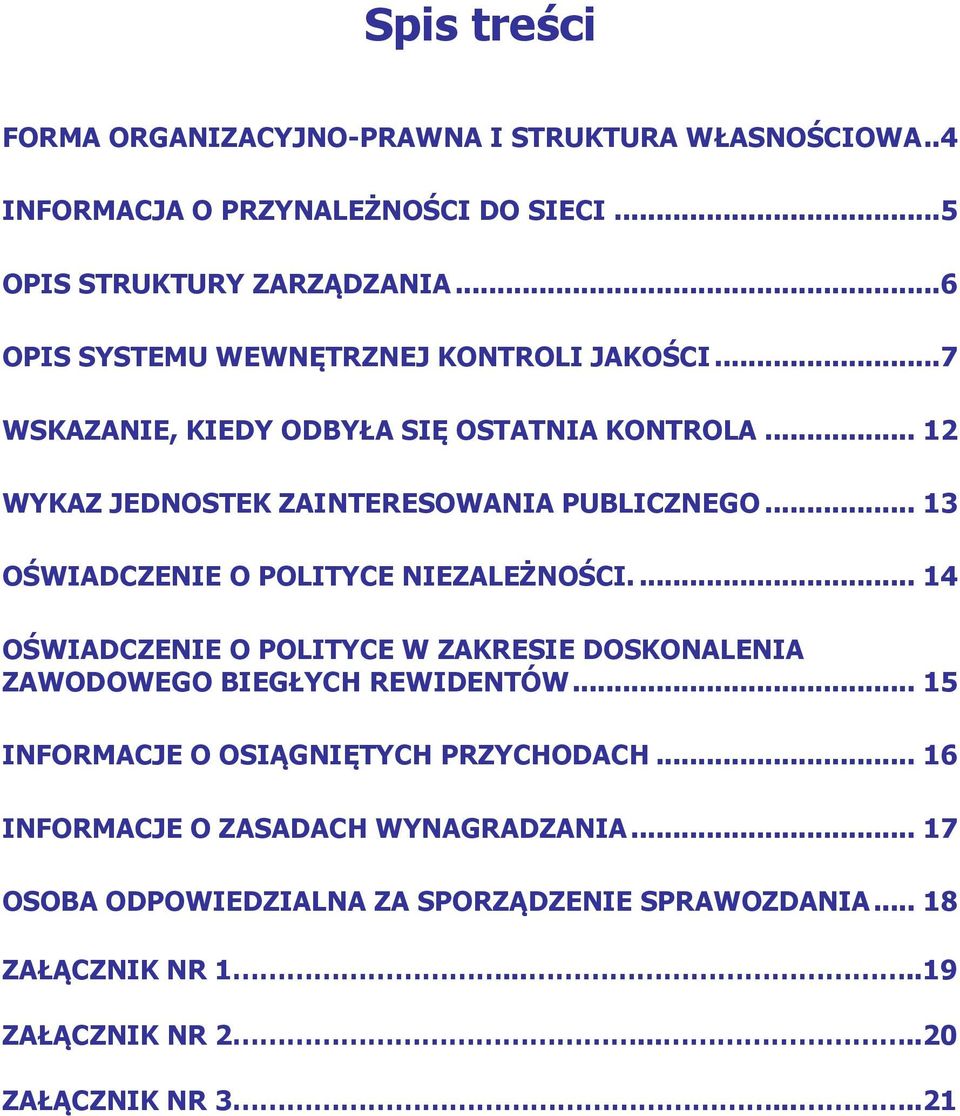 .. 13 OŚWIADCZENIE O POLITYCE NIEZALEŻNOŚCI.... 14 OŚWIADCZENIE O POLITYCE W ZAKRESIE DOSKONALENIA ZAWODOWEGO BIEGŁYCH REWIDENTÓW.