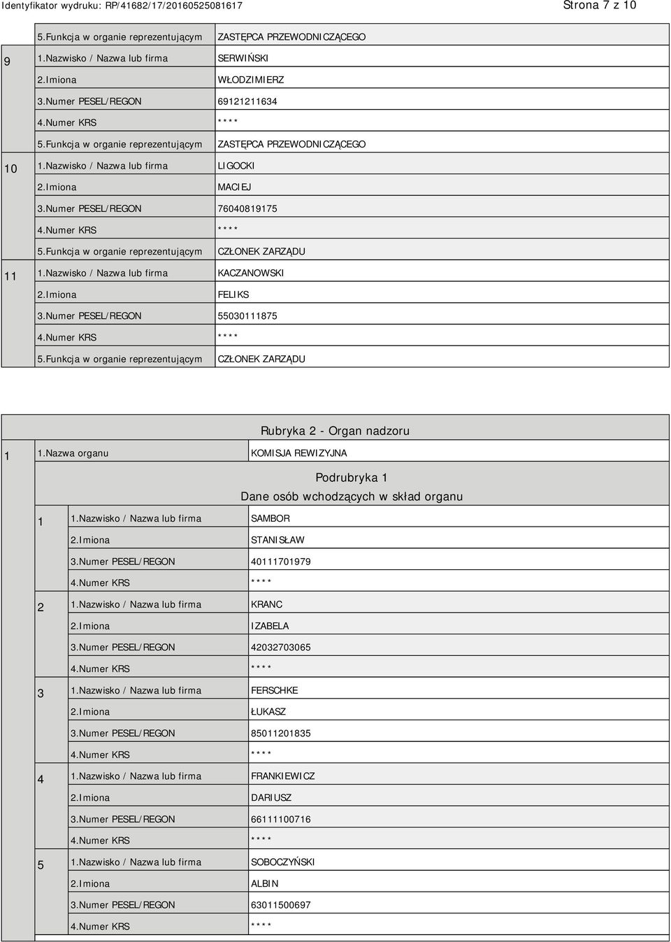 Nazwa organu KOMISJA REWIZYJNA Podrubryka 1 Dane osób wchodzących w skład organu 1 1.Nazwisko / Nazwa lub firma SAMBOR STANISŁAW 3.Numer PESEL/REGON 40111701979 2 1.