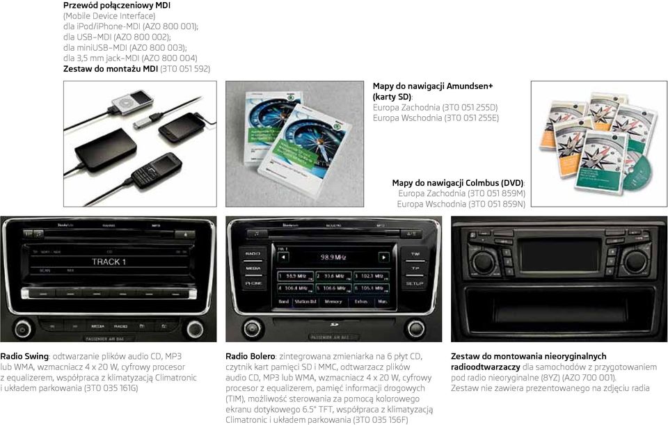 (3T0 051 859N) Radio Swing: odtwarzanie plików audio CD, MP3 lub WMA, wzmacniacz 4 x 20 W, cyfrowy procesor z equalizerem, współpraca z klimatyzacją Climatronic i układem parkowania (3T0 035 161G)