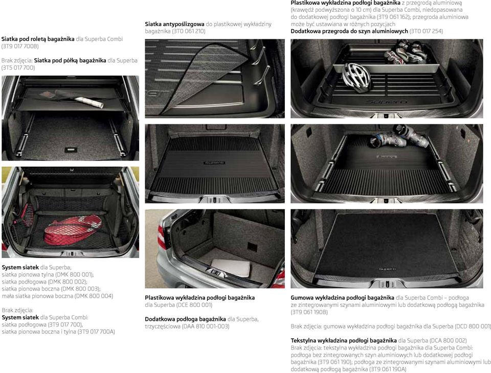 być ustawiana w różnych pozycjach Dodatkowa przegroda do szyn aluminiowych (3T0 017 254) System siatek dla Superba; siatka pionowa tylna (DMK 800 001); siatka podłogowa (DMK 800 002); siatka pionowa