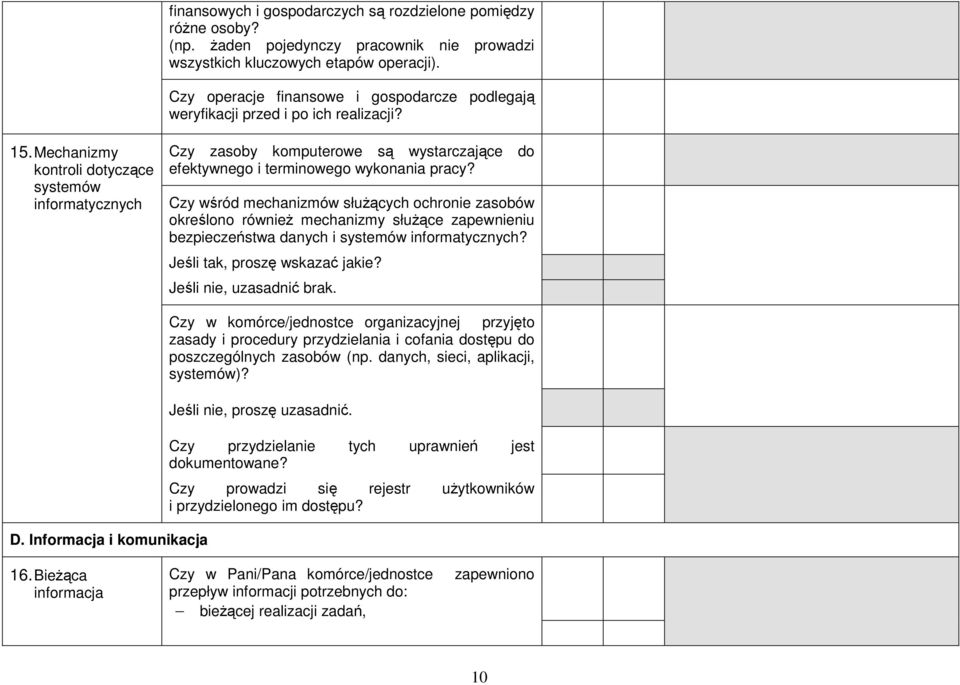 Mechanizmy kontroli dotyczące systemów informatycznych Czy zasoby komputerowe są wystarczające do efektywnego i terminowego wykonania pracy?