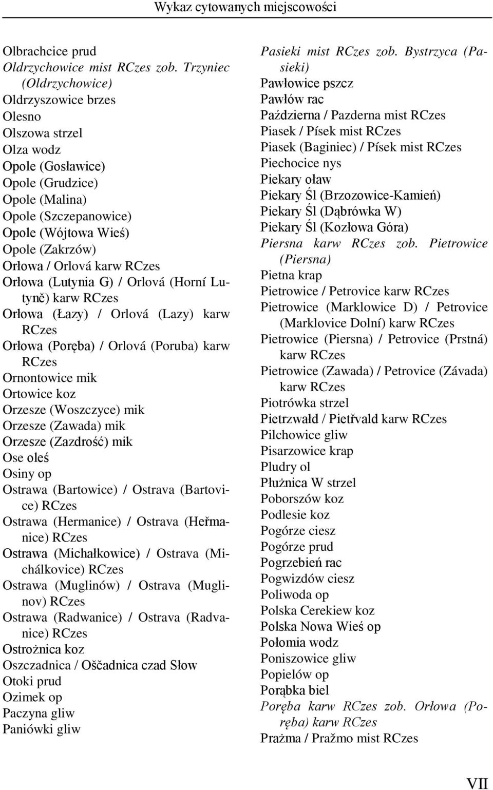 Orlová karw Orłowa (Lutynia G) / Orlová (Horní Lutyně) karw Orłowa (Łazy) / Orlová (Lazy) karw Orłowa (Poręba) / Orlová (Poruba) karw Ornontowice mik Ortowice koz Orzesze (Woszczyce) mik Orzesze