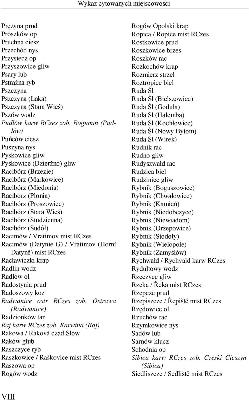 Wieś) Racibórz (Studzienna) Racibórz (Sudół) Racimów / Vratimov mist Racimów (Datynie G) / Vratimov (Horní Datyně) mist Racławiczki krap Radlin wodz Radłów ol Radostynia prud Radoszowy koz Radwanice