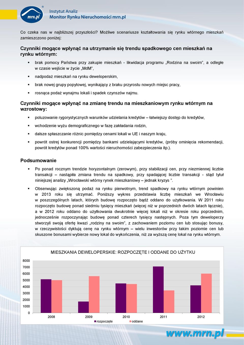 zakupie mieszkań - likwidacja programu Rodzina na swoim, a odległe w czasie wejście w życie MdM, nadpodaż mieszkań na rynku deweloperskim, brak nowej grupy popytowej, wynikający z braku przyrostu