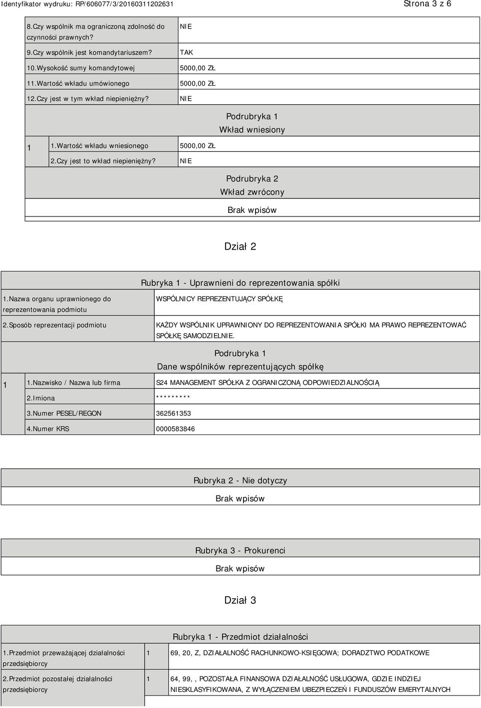 Podrubryka 2 Wkład zwrócony Dział 2 Rubryka 1 - Uprawnieni do reprezentowania spółki 1.Nazwa organu uprawnionego do reprezentowania podmiotu 2.