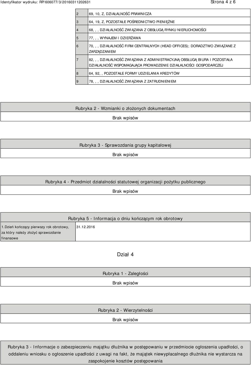 64, 92,, POZOSTAŁE FORMY UDZIELANIA KREDYTÓW 9 78,,, DZIAŁALNOŚĆ ZWIĄZANA Z ZATRUDM Rubryka 2 - Wzmianki o złożonych dokumentach Rubryka 3 - Sprawozdania grupy kapitałowej Rubryka 4 - Przedmiot