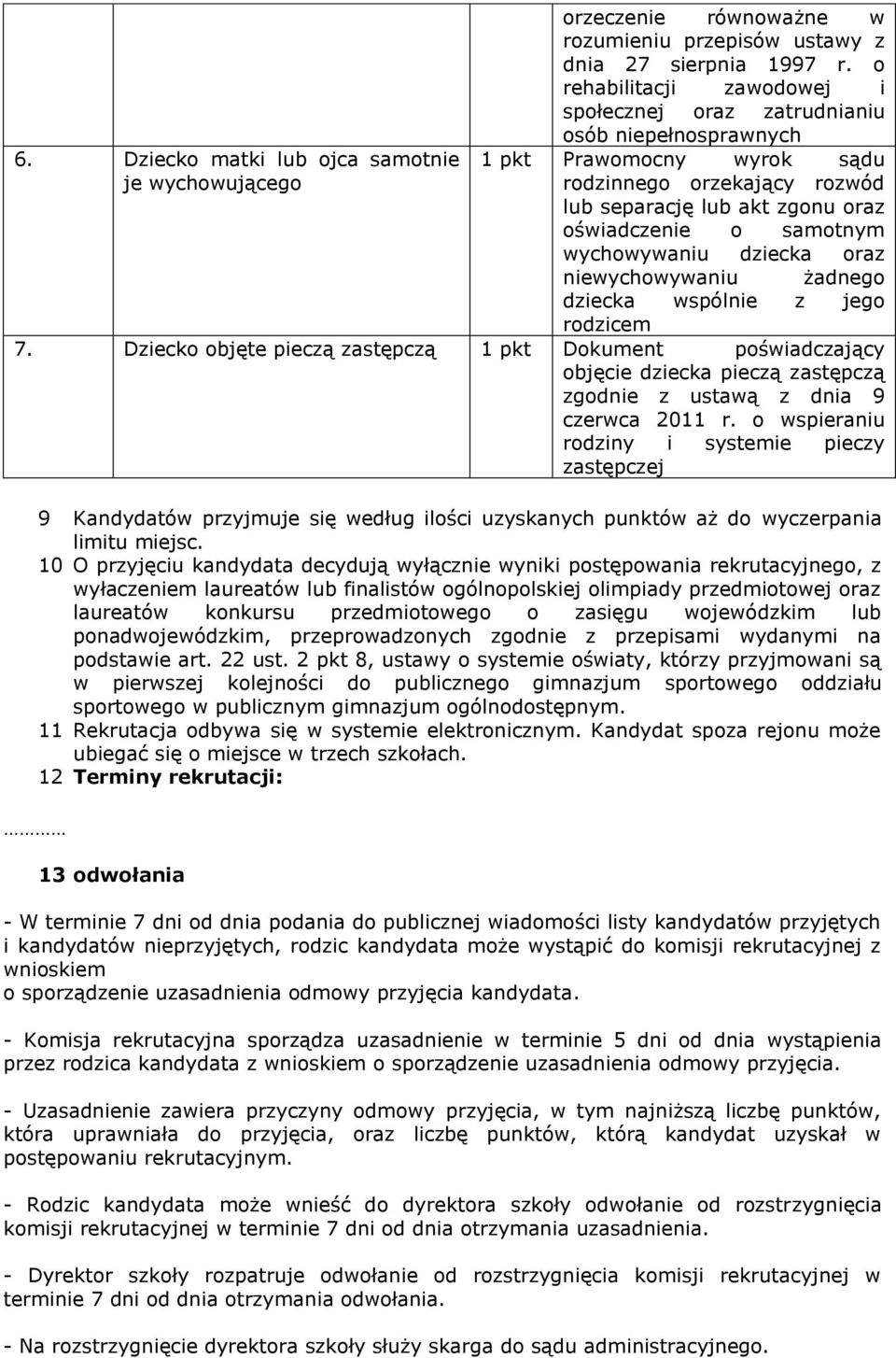 o wspieraniu rodziny i systemie pieczy zastępczej 9 Kandydatów przyjmuje się według ilości uzyskanych punktów aż do wyczerpania limitu miejsc.