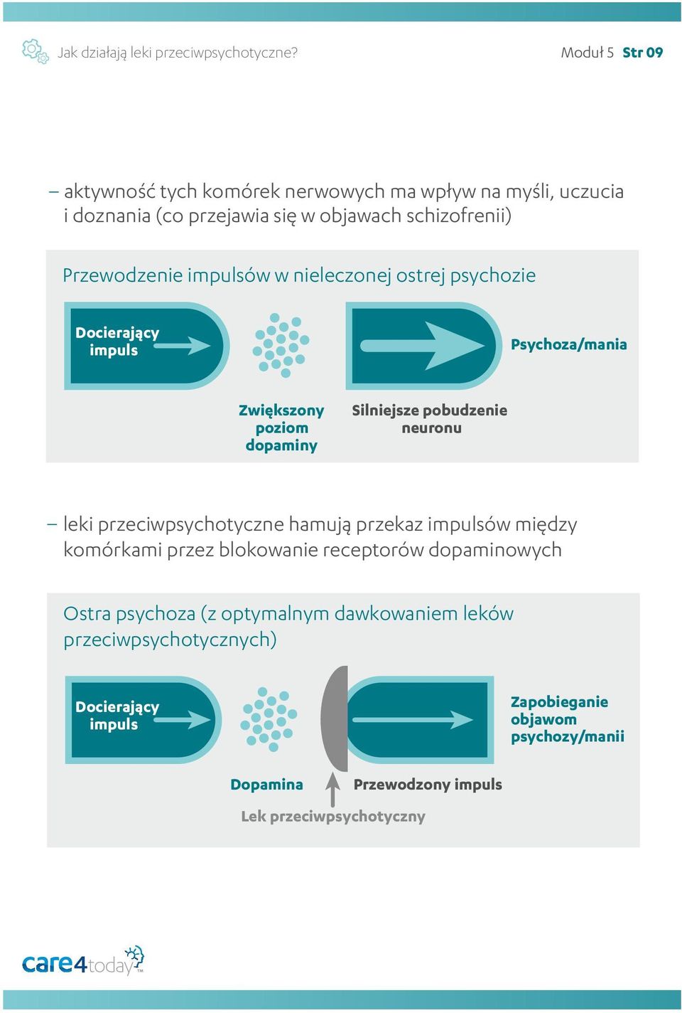 Przewodzenie impulsów w nieleczonej ostrej psychozie Norma Docierający impuls Psychoza/mania Zwiększony poziom dopaminy Silniejsze pobudzenie neuronu leki