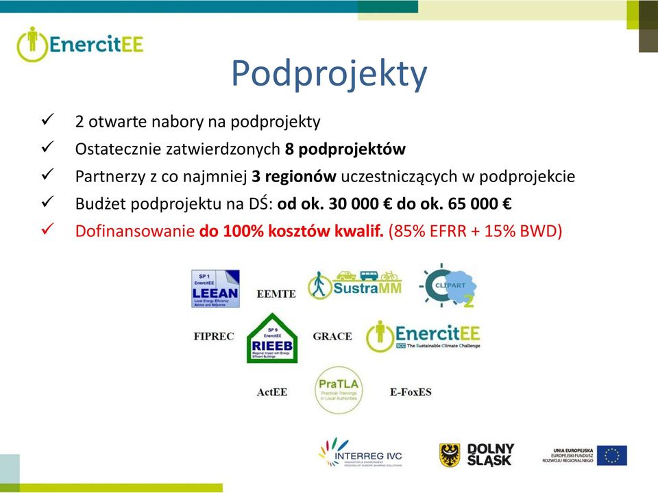 uczestniczących w podprojekcie Budżet podprojektu na DŚ: od ok.