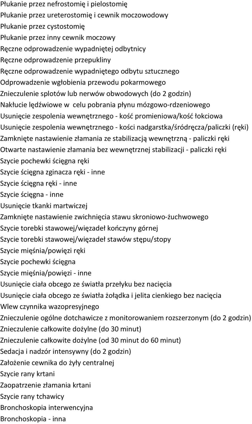 lędźwiowe w celu pobrania płynu mózgowo-rdzeniowego Usunięcie zespolenia wewnętrznego - kość promieniowa/kość łokciowa Usunięcie zespolenia wewnętrznego - kości nadgarstka/śródręcza/paliczki (ręki)