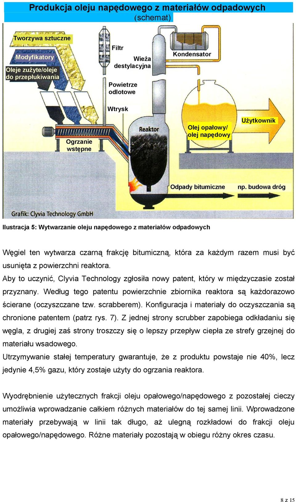 budowa dróg Ilustracja 5: Wytwarzanie oleju napędowego z materiałów odpadowych Węgiel ten wytwarza czarną frakcję bitumiczną, która za każdym razem musi być usunięta z powierzchni reaktora.
