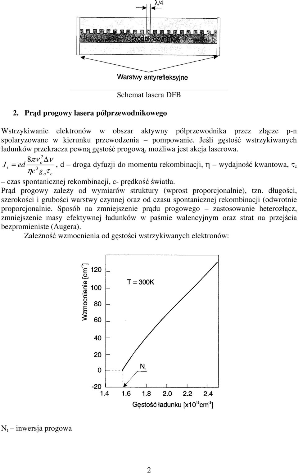 2 8πν o ν J t = ed, d droga dyfuzji do momentu rekombinacji, η wydajność kwantowa, τ 3 c ηc g oτ c czas spontanicznej rekombinacji, c- prędkość światła.