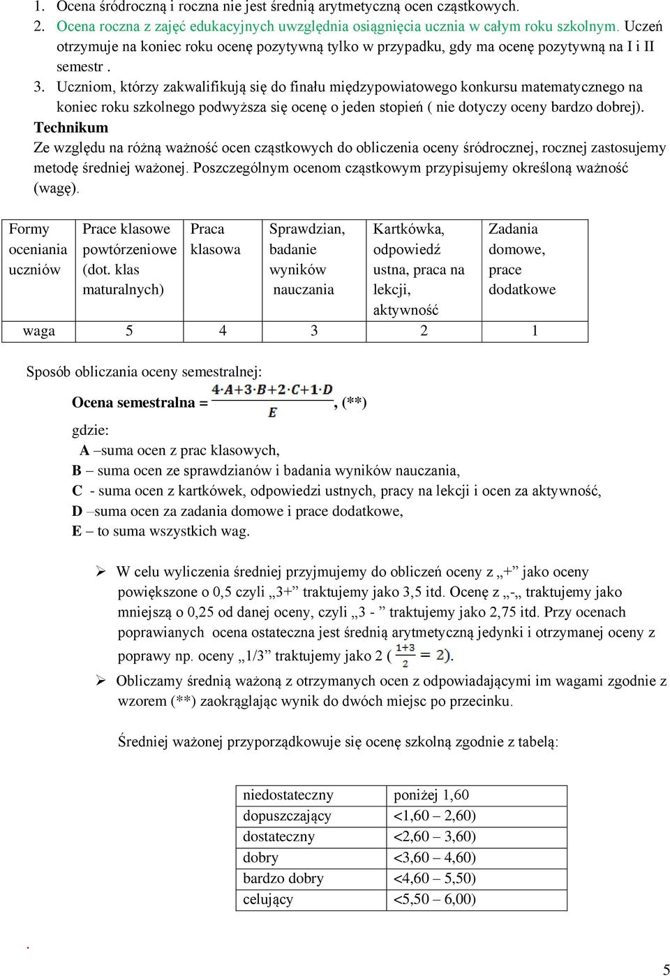 Uczniom, którzy zakwalifikują się do finału międzypowiatowego konkursu matematycznego na koniec roku szkolnego podwyższa się ocenę o jeden stopień ( nie dotyczy oceny bardzo dobrej).