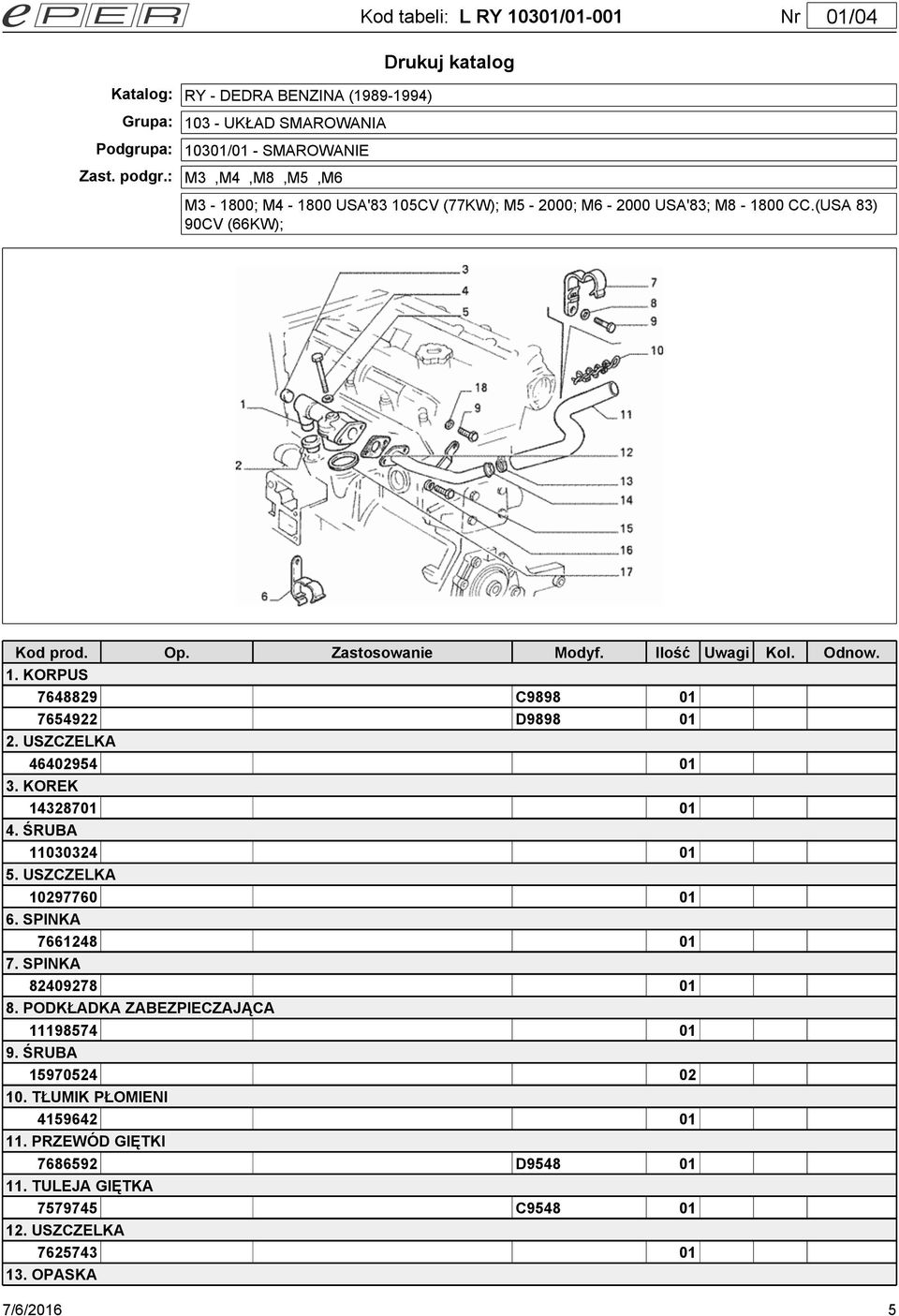 KORPUS 7648829 C9898 01 7654922 D9898 01 2. USZCZELKA 46402954 01 3. KOREK 14328701 01 4. ŚRUBA 11030324 01 5. USZCZELKA 10297760 01 6.