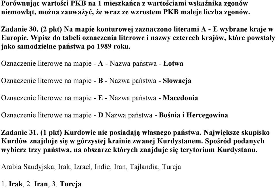 Oznaczenie literowe na mapie - A - Nazwa państwa - Łotwa Oznaczenie literowe na mapie - B - Nazwa państwa - Słowacja Oznaczenie literowe na mapie - E - Nazwa państwa - Macedonia Oznaczenie literowe