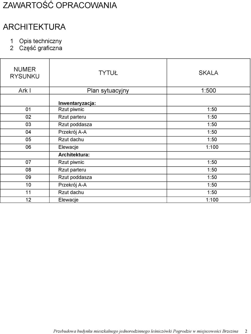 1:50 06 Elewacje 1:100 Architektura: 07 Rzut piwnic 1:50 08 Rzut parteru 1:50 09 Rzut poddasza 1:50 10 Przekrój A-A 1:50