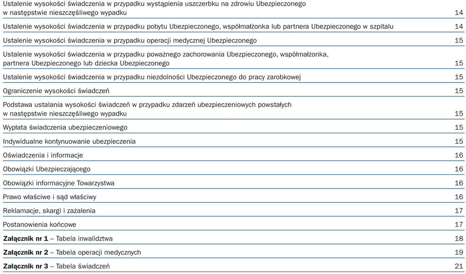 poważnego zachorowania Ubezpieczonego, współmałżonka, partnera Ubezpieczonego lub dziecka Ubezpieczonego 15 Ustalenie wysokości świadczenia w przypadku niezdolności Ubezpieczonego do pracy zarobkowej