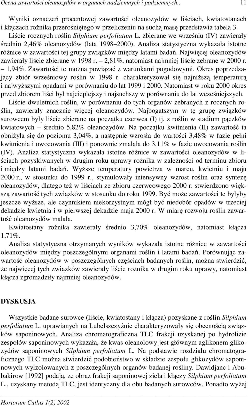 Li cie rocznych ro lin Silphium perfoliatum L. zbierane we wrze niu (IV) zawierały rednio 2,46% oleanozydów (lata 1998 2000).