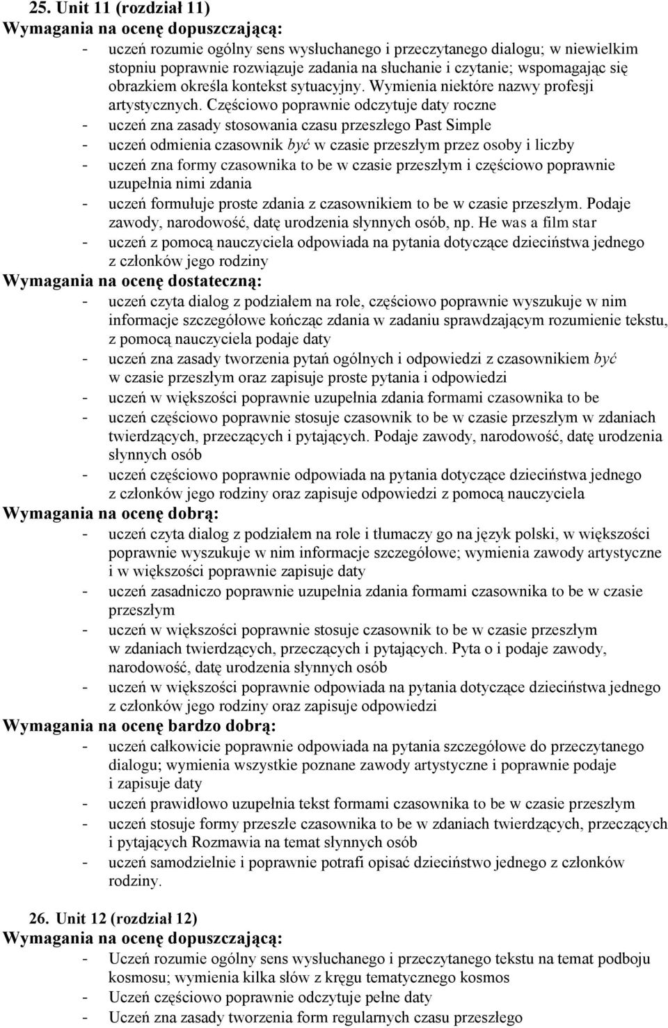 Częściowo poprawnie odczytuje daty roczne - uczeń zna zasady stosowania czasu przeszłego Past Simple - uczeń odmienia czasownik być w czasie przeszłym przez osoby i liczby - uczeń zna formy