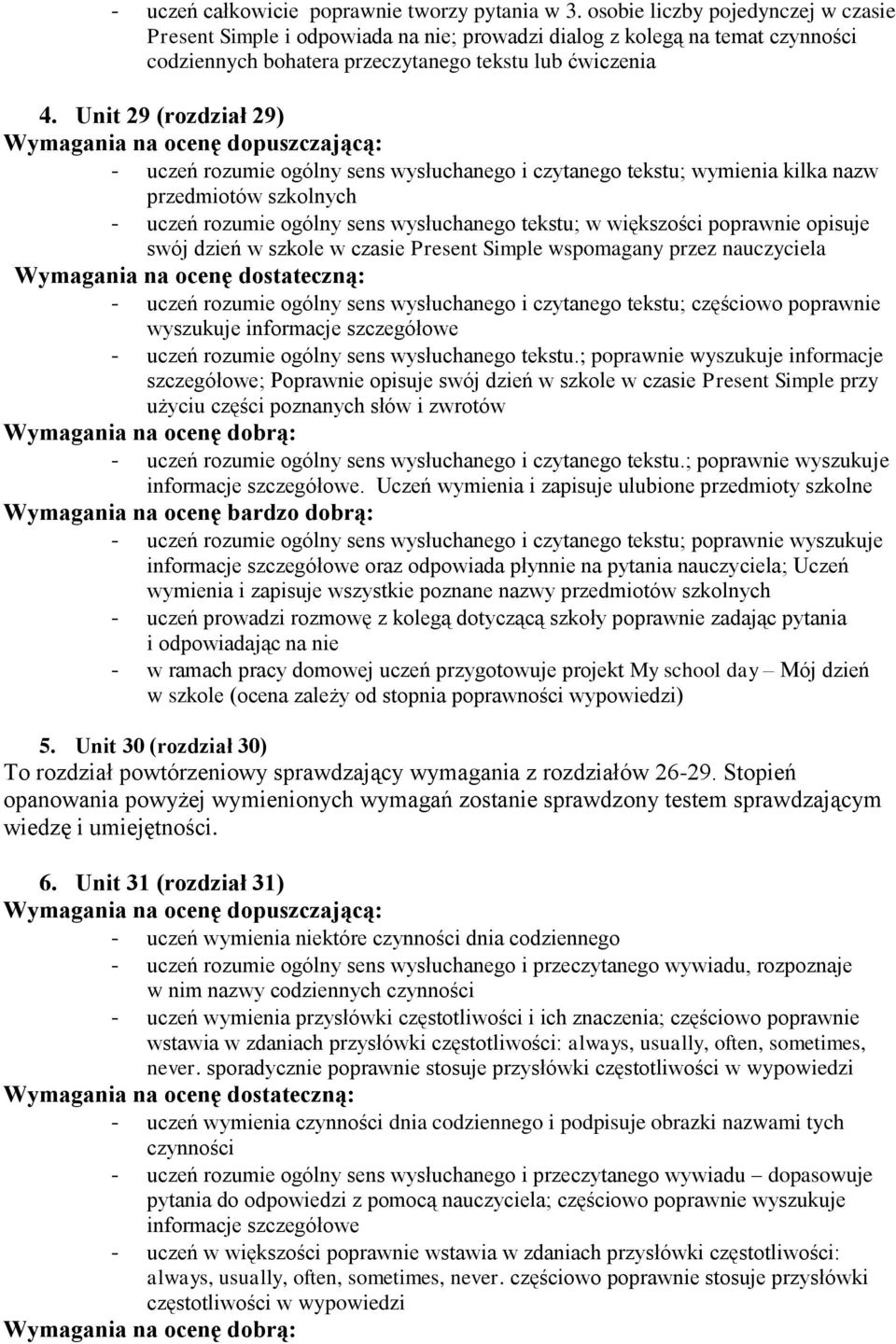 Unit 29 (rozdział 29) - uczeń rozumie ogólny sens wysłuchanego i czytanego tekstu; wymienia kilka nazw przedmiotów szkolnych - uczeń rozumie ogólny sens wysłuchanego tekstu; w większości poprawnie