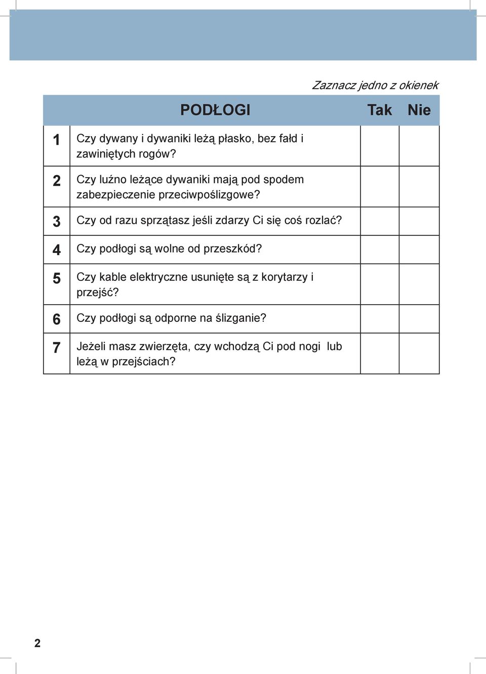PODŁOGI Tak Nie 3 Czy od razu sprzątasz jeśli zdarzy Ci się coś rozlać? 4 Czy podłogi są wolne od przeszkód?
