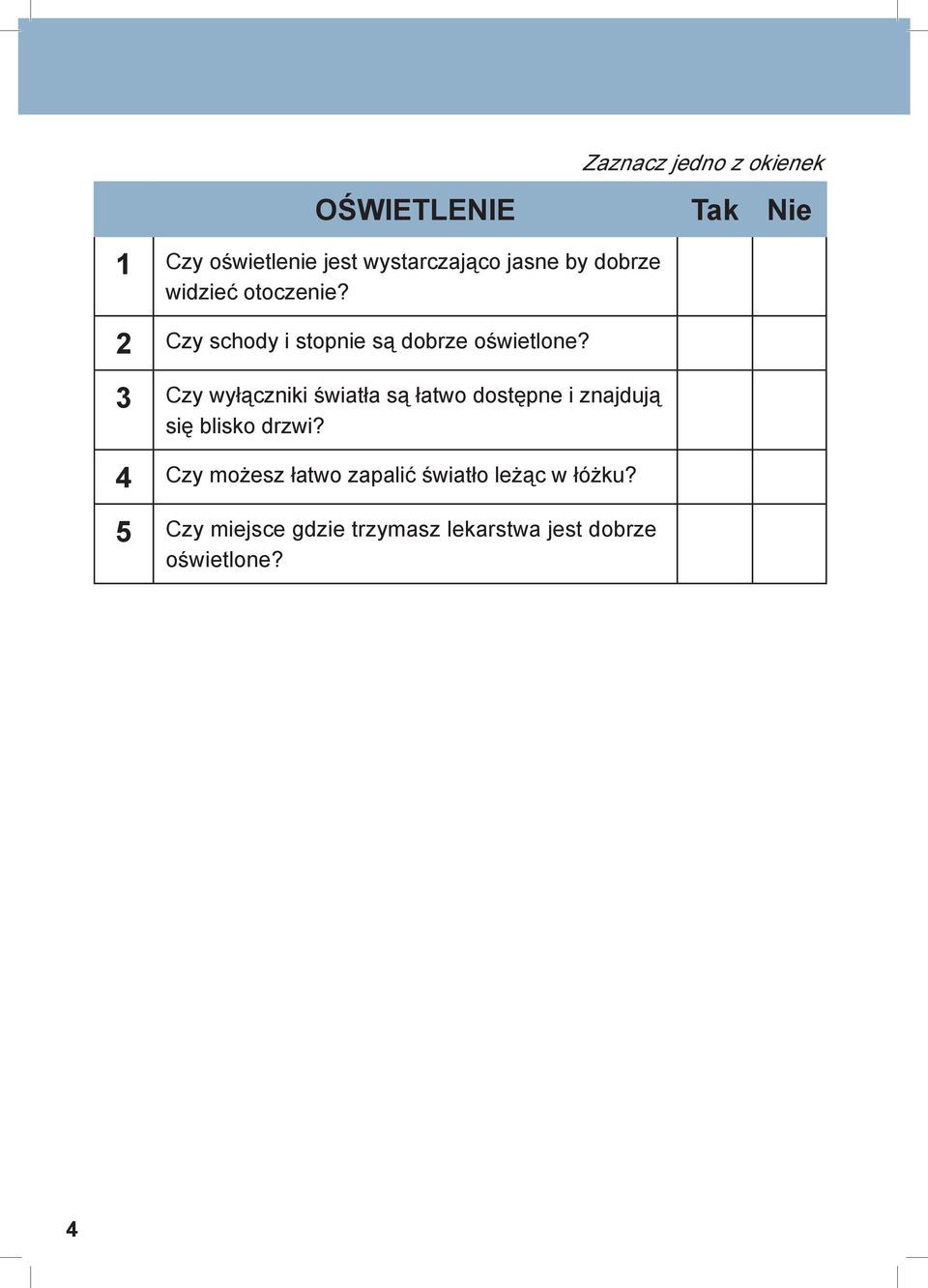 3 Czy wyłączniki światła są łatwo dostępne i znajdują się blisko drzwi?