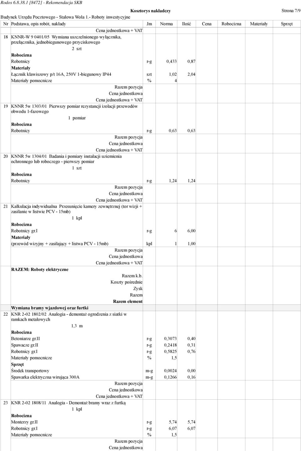 r-g 0,63 0,63 20 KNNR 5w 1304/01 Badania i pomiary instalacji uziemienia ochronnego lub roboczego - pierwszy pomiar 1 szt Robotnicy r-g 1,24 1,24 21 Kalkulacja indywidualna Przesunięcie kamery