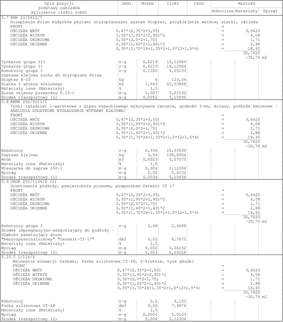 grupa II r-g 0,6219 19,12964 Robotnicy grupa I r-g 0,1382 4,25103 Zaprawa klejowa sucha do styropianu Atlas Stopter K-20 kg 4 123,04 Siatka z włókna szklanego m2 1,643 50,53868 Żuraw okienny