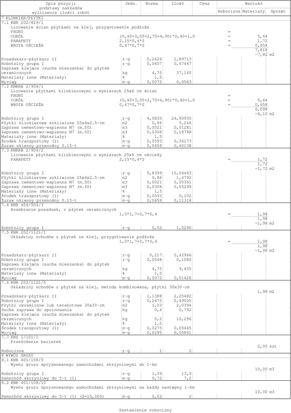 Posadzkarz-płytkarz II r-g 0,2426 1,89713 Robotnicy grupa I r-g 0,0607 0,47467 Zaprawa klejąca (sucha mieszanka) do płytek ceramicznych kg 4,75 37,145 Wyciąg m-g 0,0072 0,0563 7.